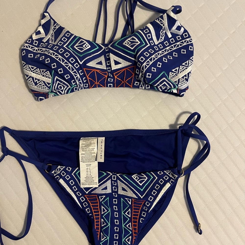 Trina Turk Navy Embroidered Geometric Bikini